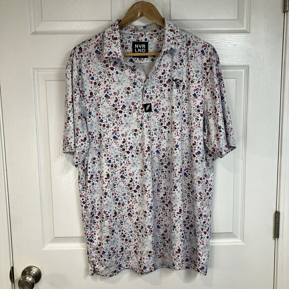 NVR LND White Floral AOP Golf Performance Stretch Polo Mens Size L - Picture 1 of 13